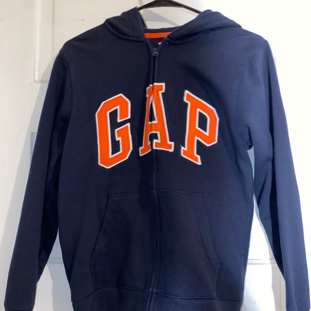 GAP Unisex Sportswear Full-Zip Up Logo Hoodie - Navy Blue, Orange Word Block